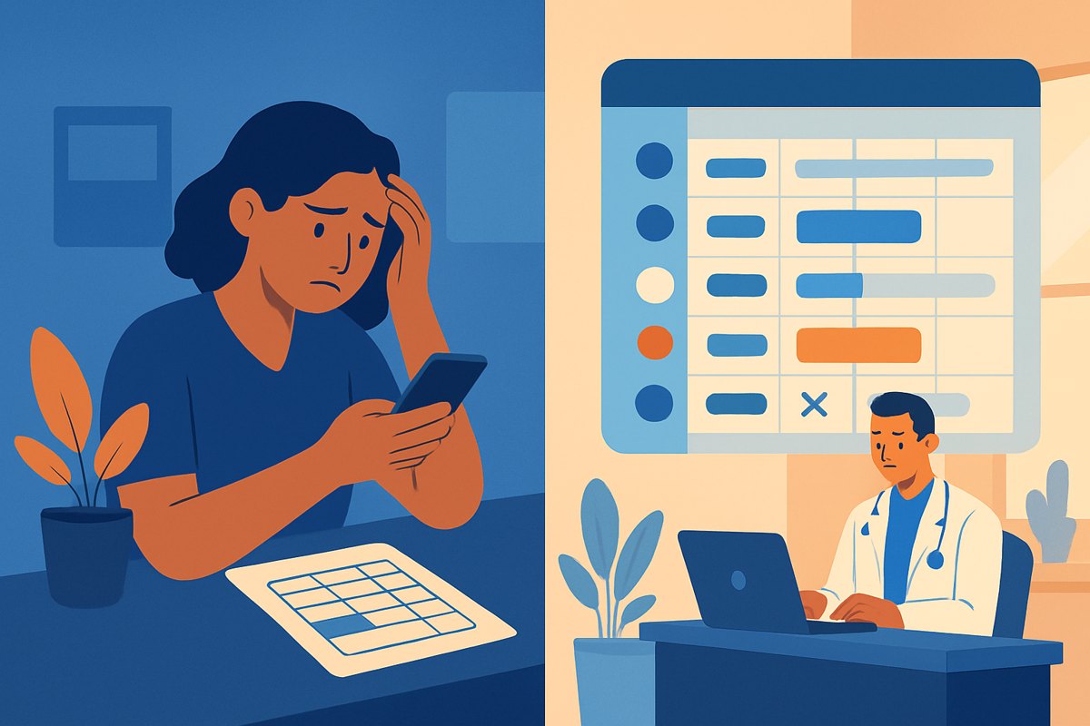 Recepcionista compara mensajes manuales por WhatsApp con una agenda de recordatorios automáticos de citas