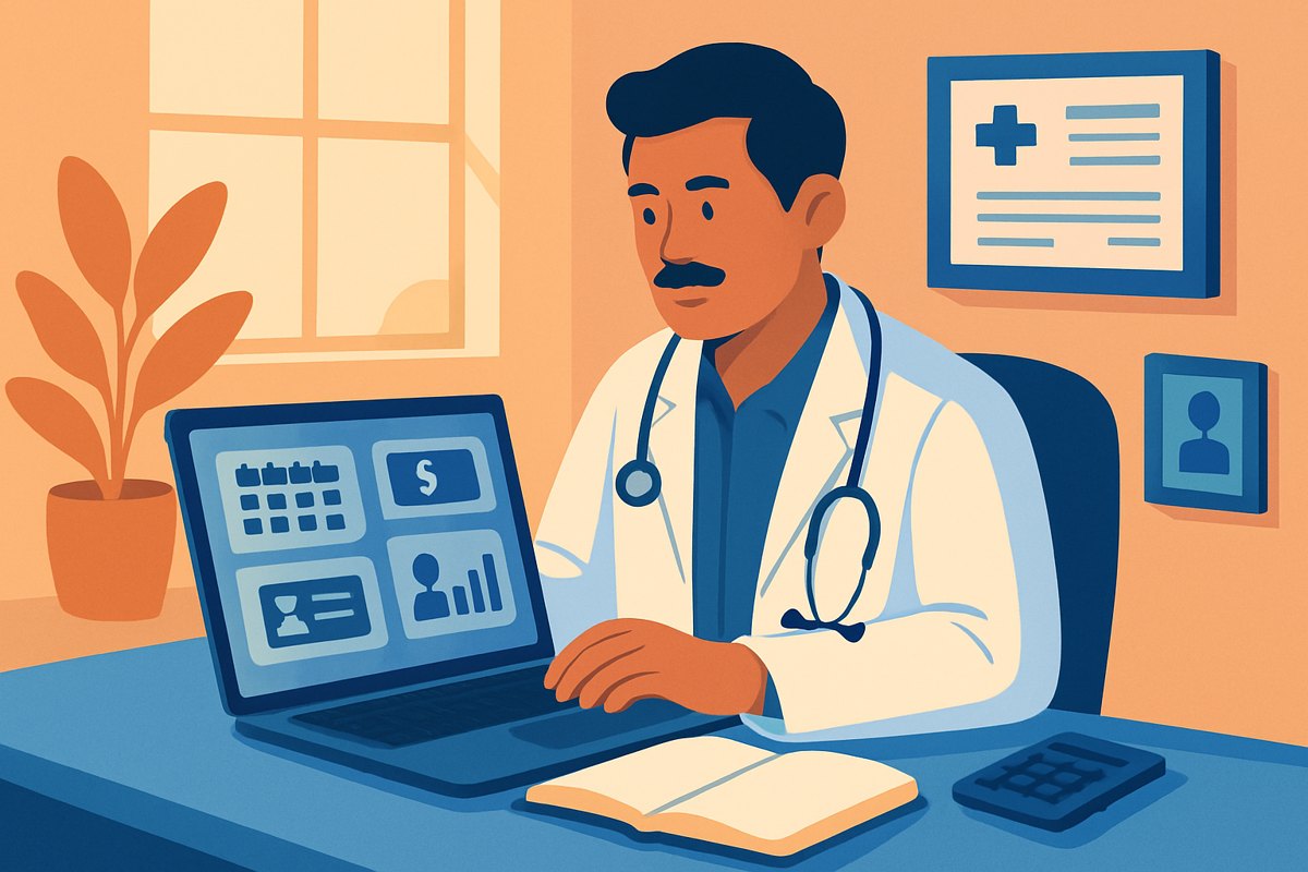 Médica revisando métricas de agenda, finanzas y expedientes de su consultorio
