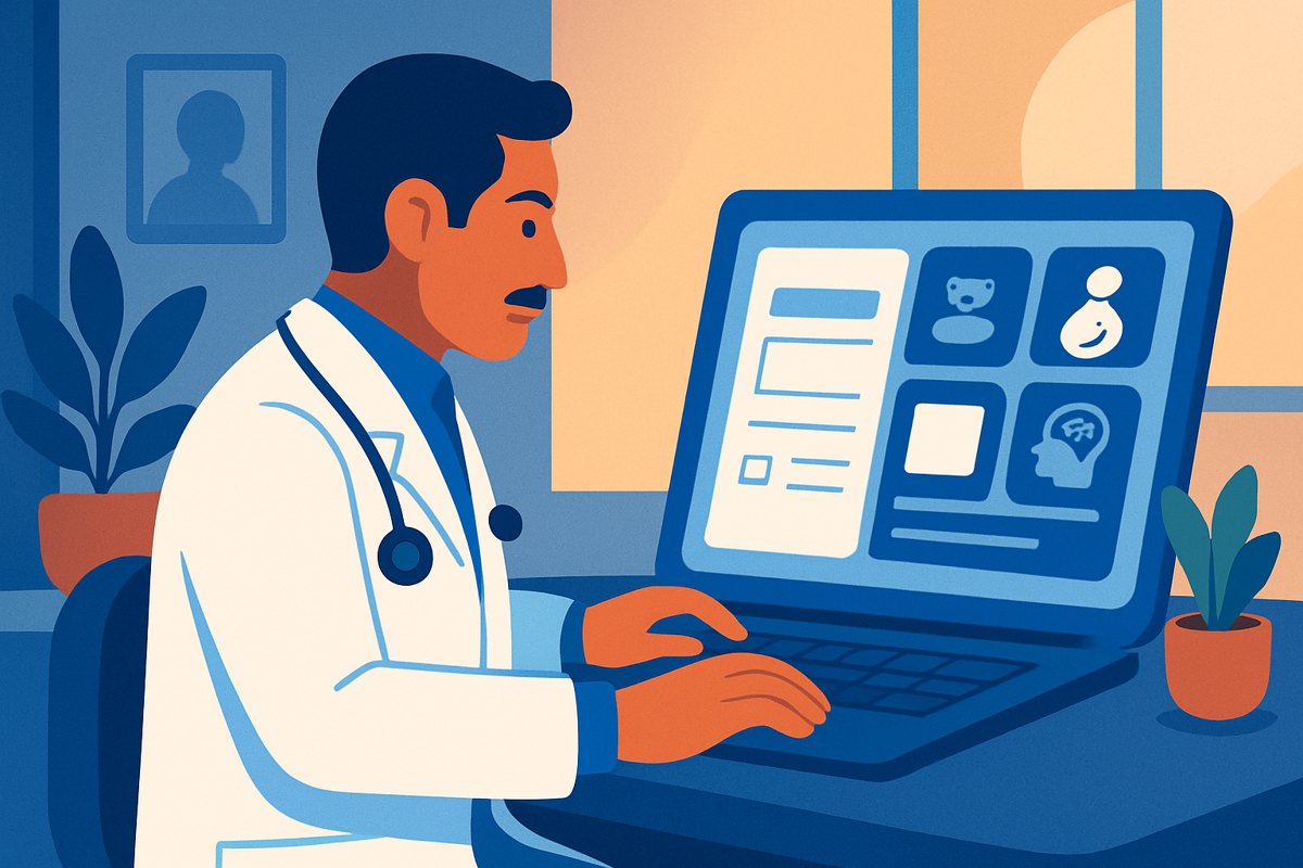 Médico diseñando plantillas modulares de nota médica en su consultorio