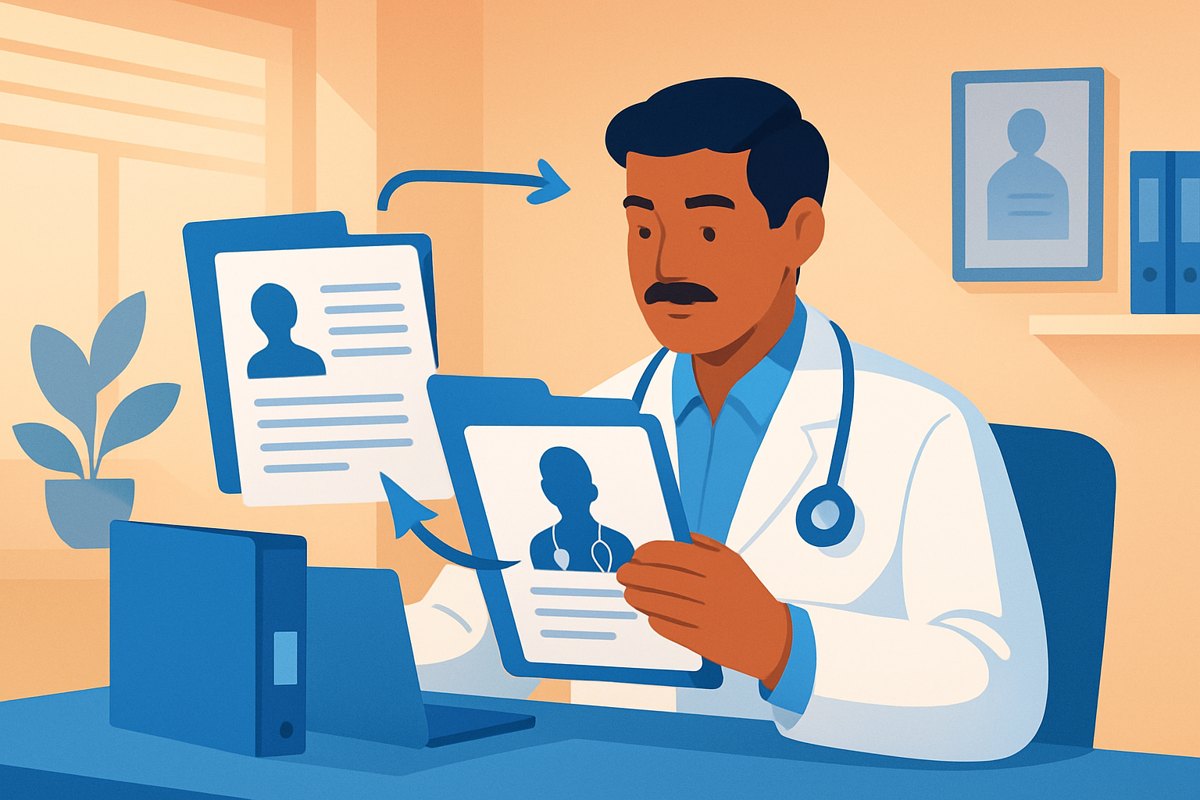 Médico revisando una hoja de referencia y la respuesta de un especialista en su consultorio