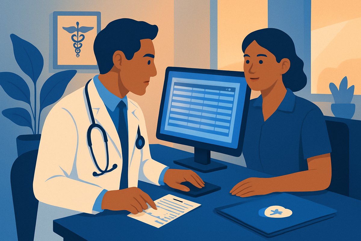Médico y recepcionista revisan de forma ordenada la cartera pendiente del consultorio