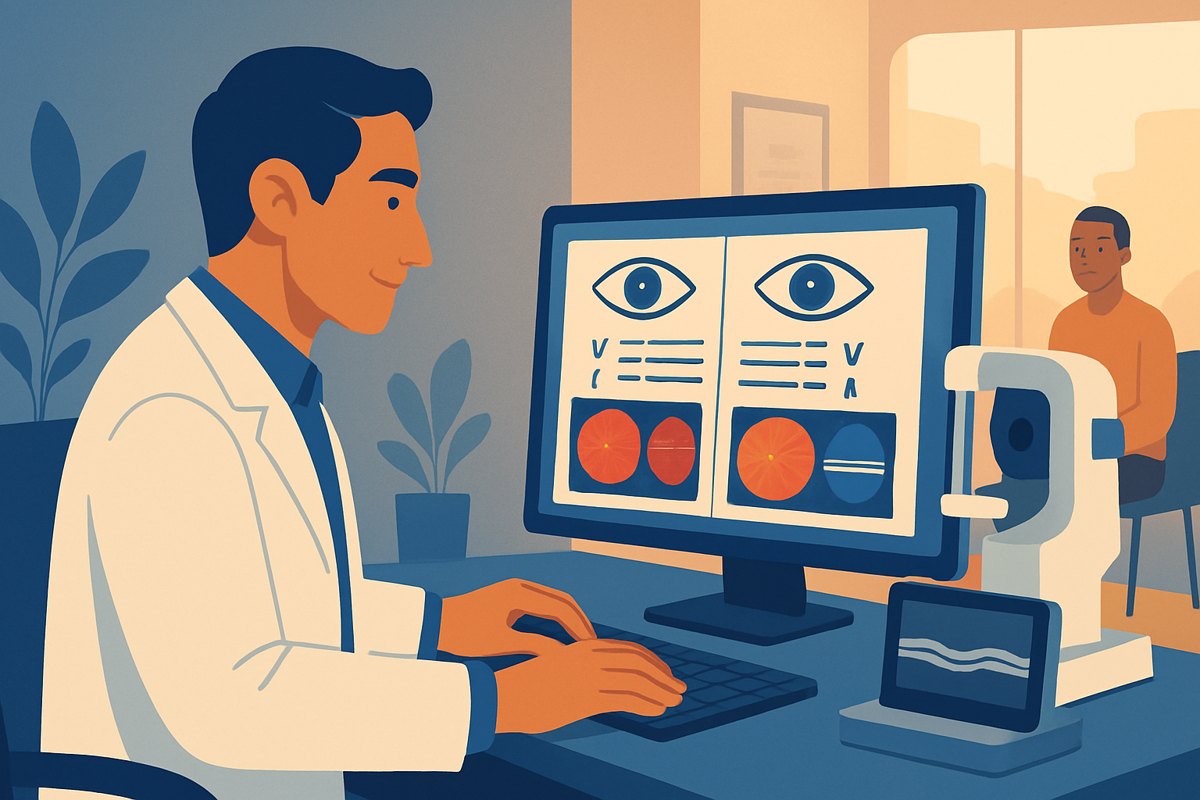 Oftalmólogo documentando por separado los hallazgos del ojo derecho y del ojo izquierdo durante una consulta