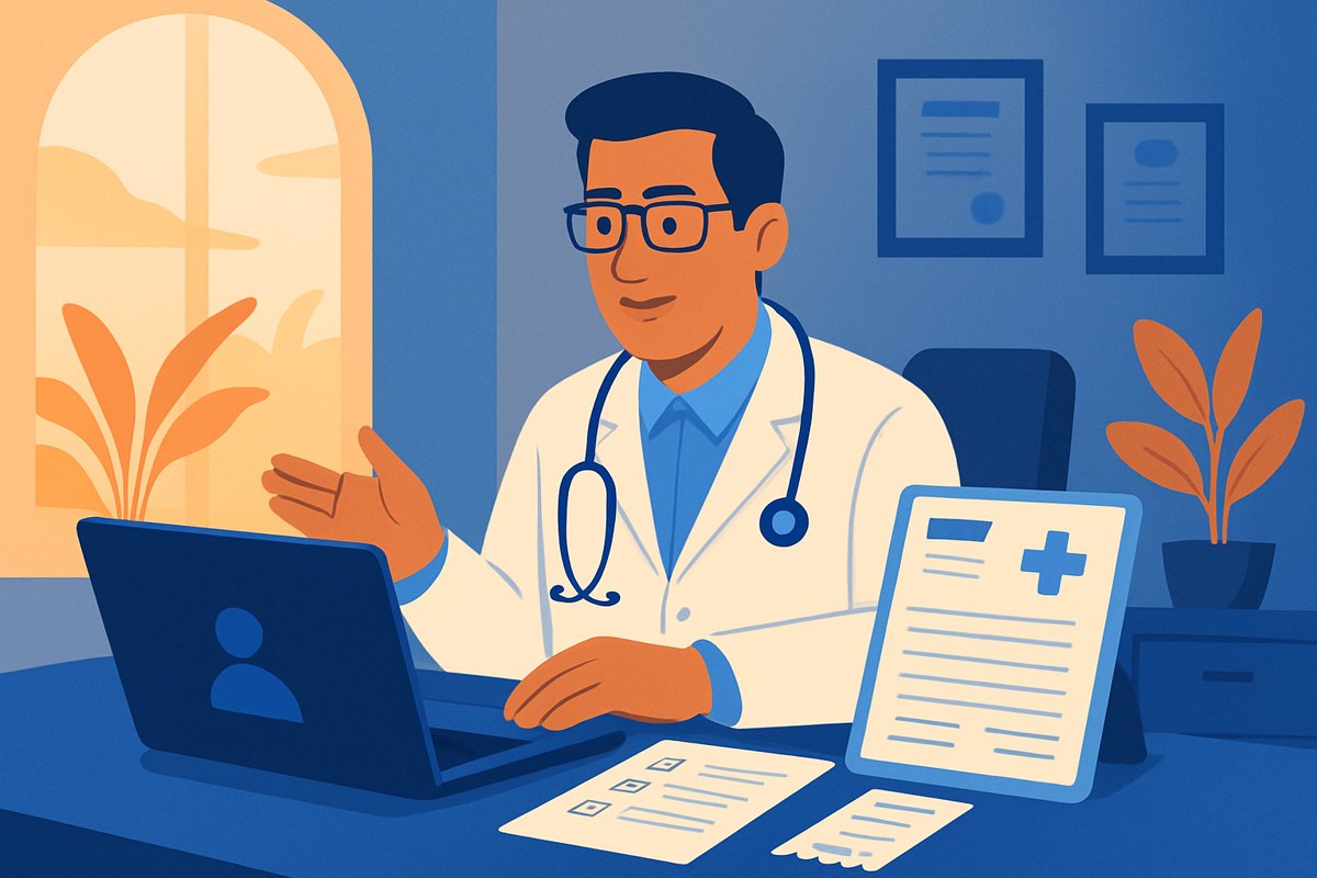 Médico privado realiza una consulta remota mientras revisa el expediente y las condiciones de atención