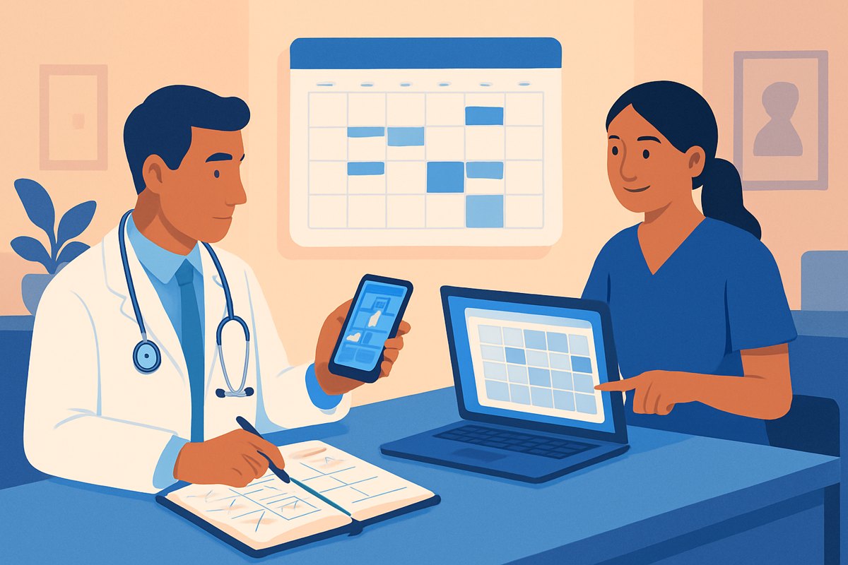 Médico y recepcionista comparan una agenda de papel con una agenda médica digital sincronizada.