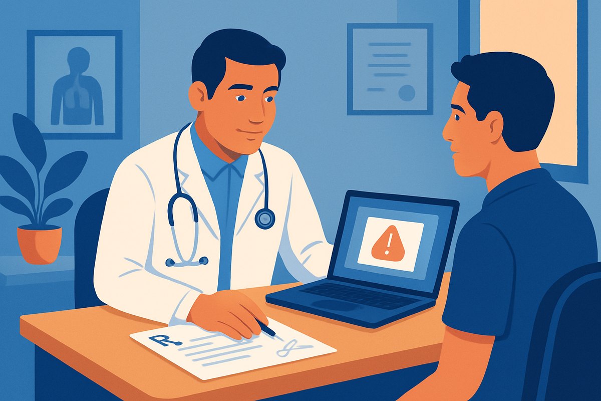Médico revisando una alerta de alergia antes de imprimir y firmar una receta