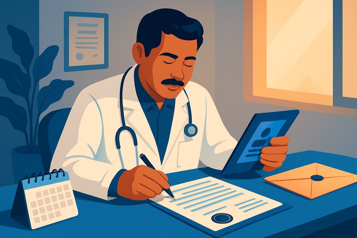 Médico privado revisando el expediente antes de firmar un certificado médico