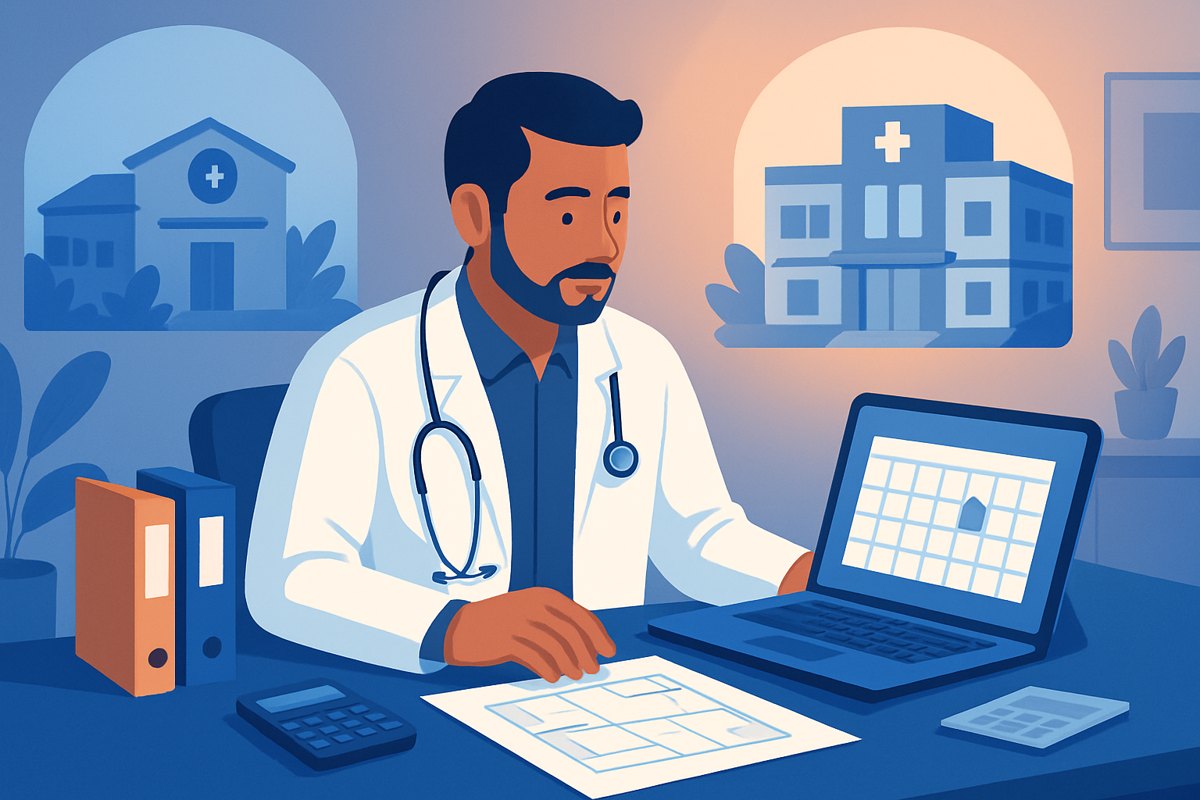 Médico revisando agenda, costos y ubicaciones antes de abrir un segundo consultorio