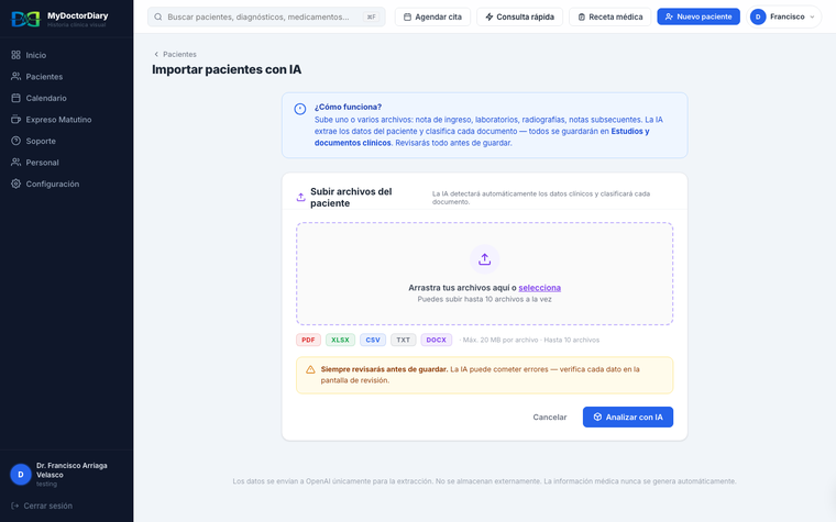 Importar con IA — MyDoctorDiary