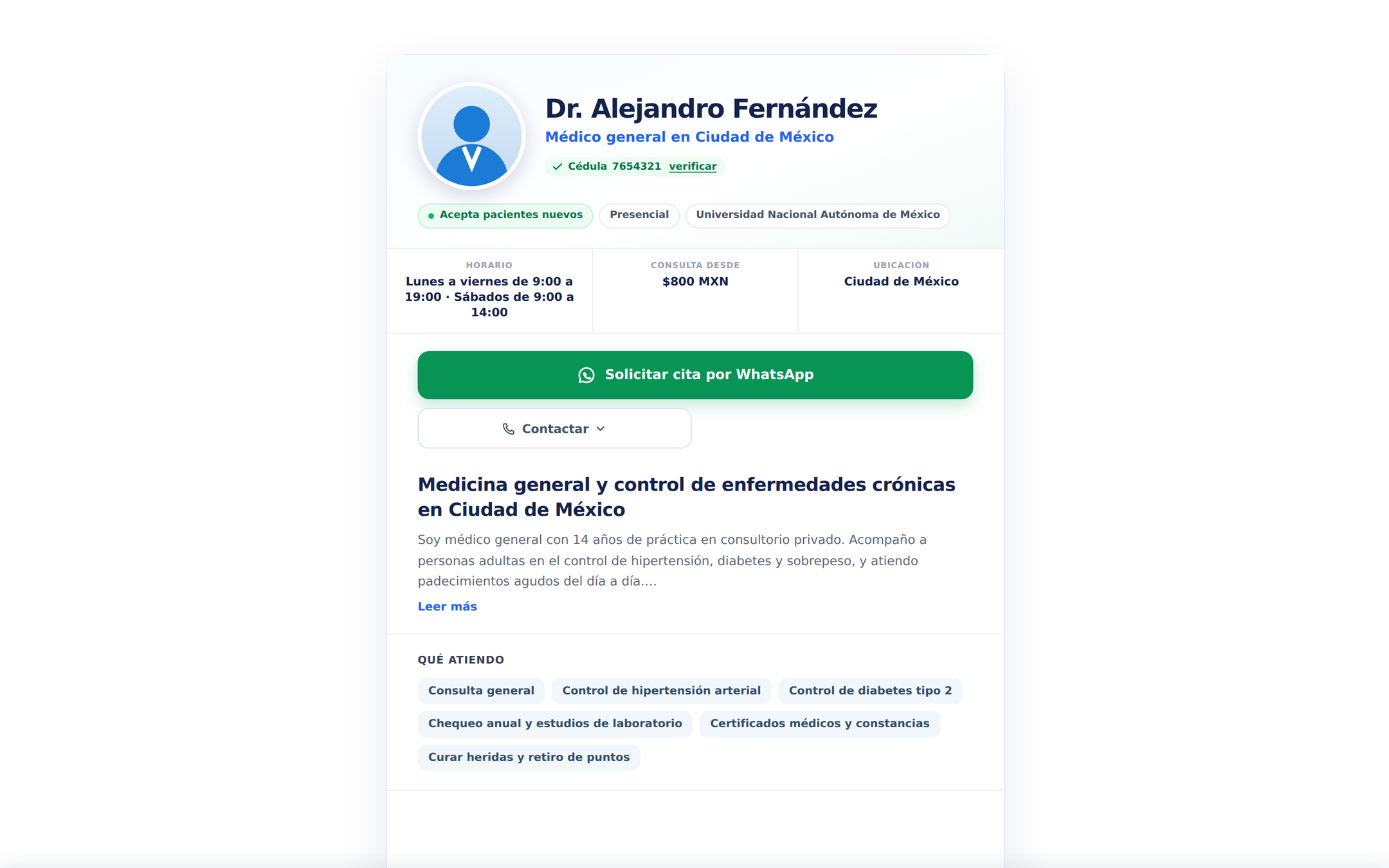 Perfil público con cédula verificada y botón de WhatsApp