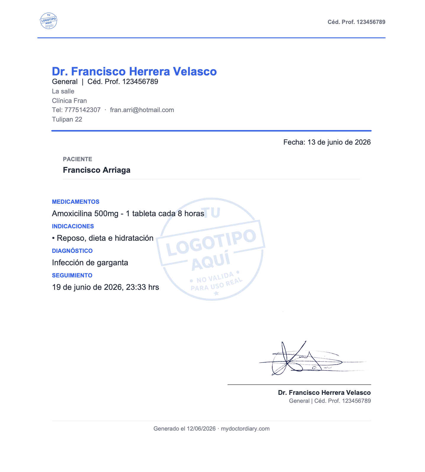 Receta firmada en 30 segundos — MyDoctorDiary