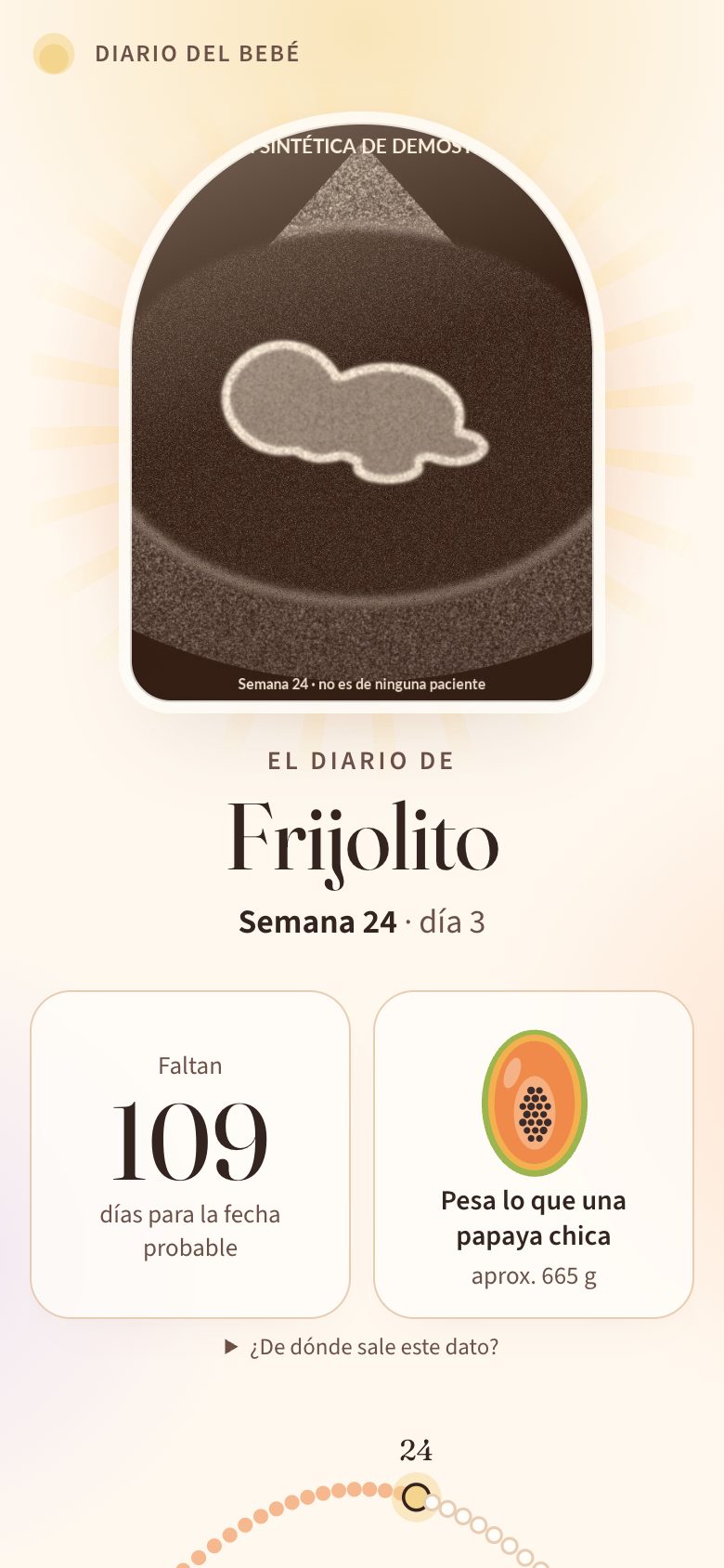 El diario de demostración en un celular: «El diario de Frijolito», semana 24, faltan 109 días, con un ultrasonido sintético en un arco de luz.