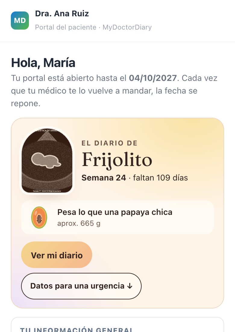 El portal de la paciente con el diario de portada: «El diario de Frijolito», semana 24, el botón «Ver mi diario» y, debajo, sus datos para una urgencia.