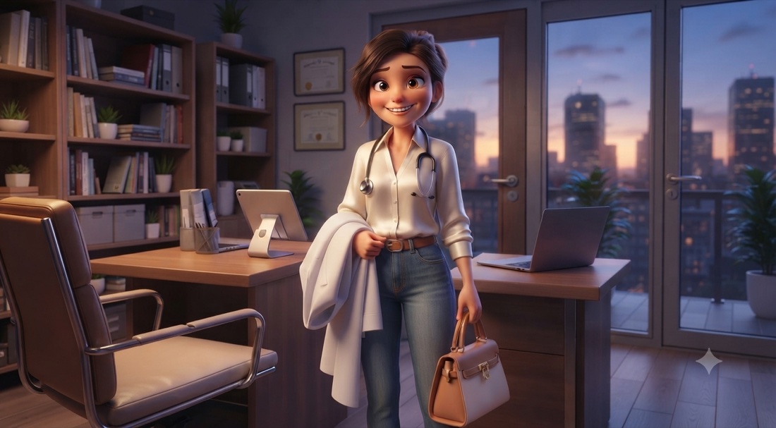 Una médica sale de su consultorio al atardecer, con la bata en la mano y el trabajo ya cerrado